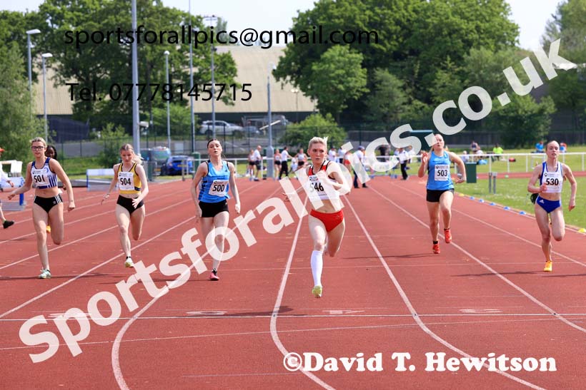 Womens Under-17s 100 metres, 2024 North Eastern Track and Field Champs., Middlesbrough.  Photo: David T. Hewitson/Sports for All Pics